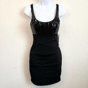 New Emerald Sundae Black Party Dress Women's S Layered Shiny Sequin Mini